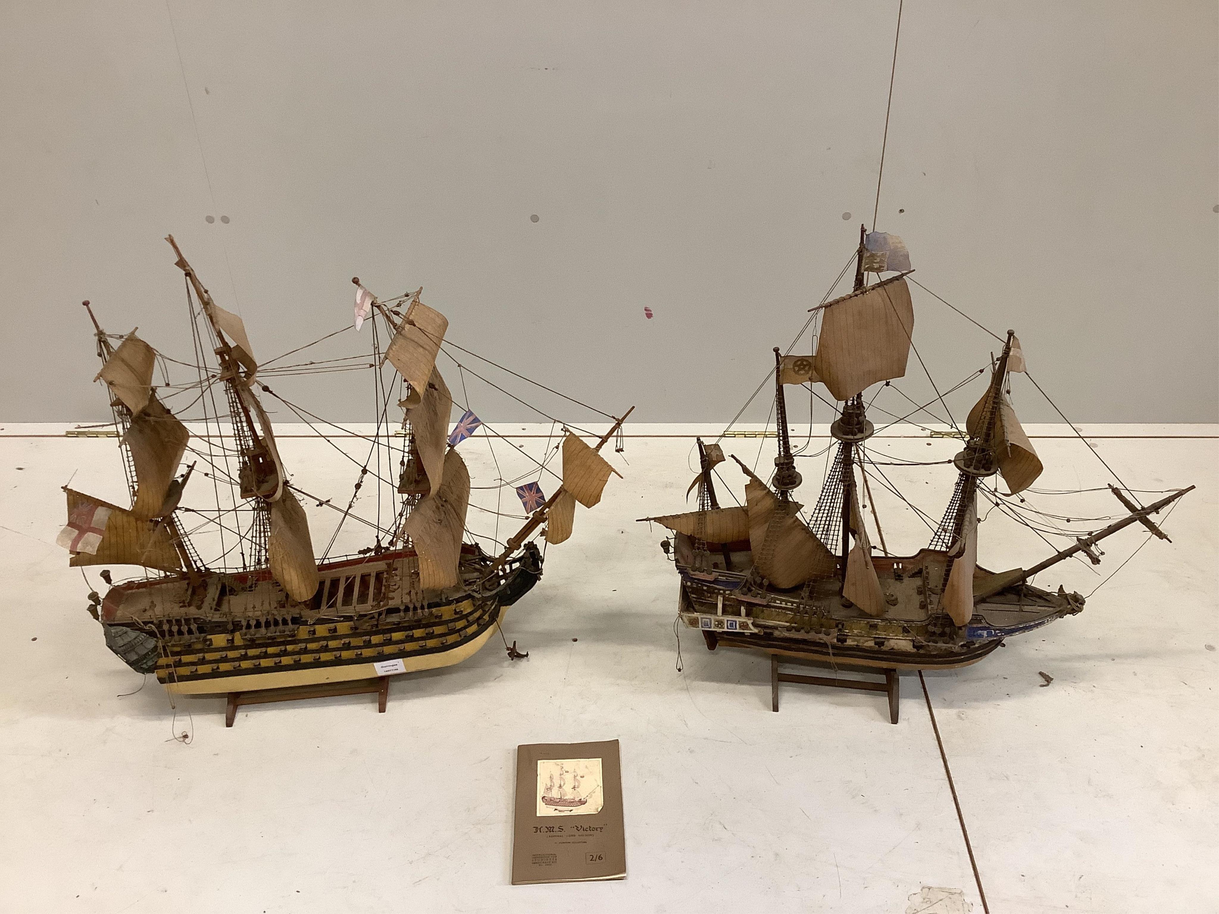 A kit built model of HMS Victory with booklet, length 75cm, together with one other model boat. Condition - fair